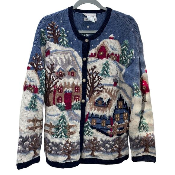 Talbots Sweaters - Talbots Winter Scene Button Up Sweater Size Large Knitted by hand Christmas